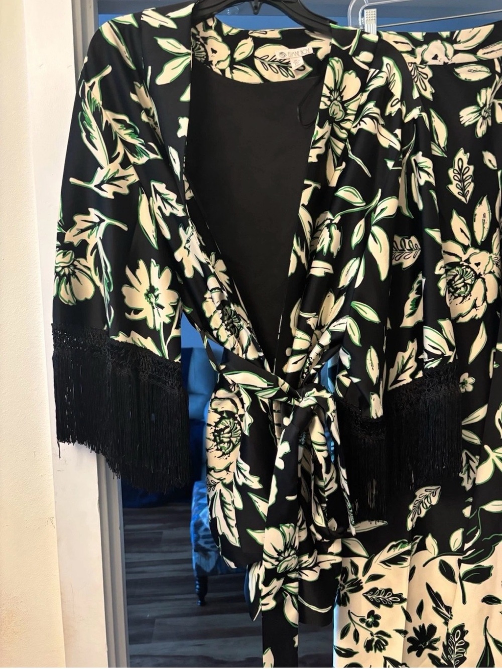 Black Floral Print Pantsuit with Fringe Trim